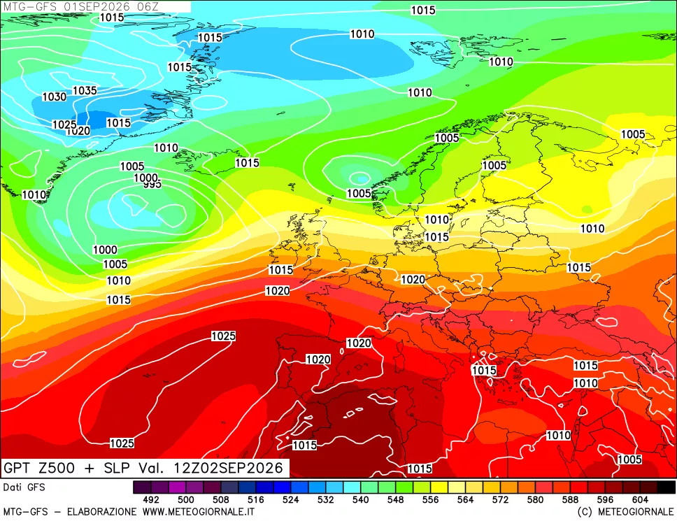mappa GFS: Geopotenziale a 500 hPa + Pressione sul livello del mare