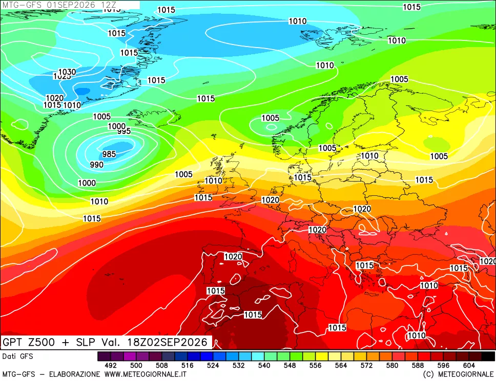 mappa GFS: Geopotenziale a 500 hPa + Pressione sul livello del mare