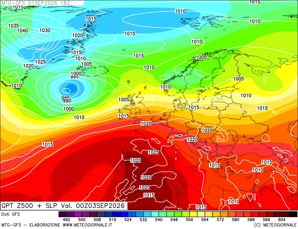 mappa GFS: Geopotenziale a 500 hPa + Pressione sul livello del mare