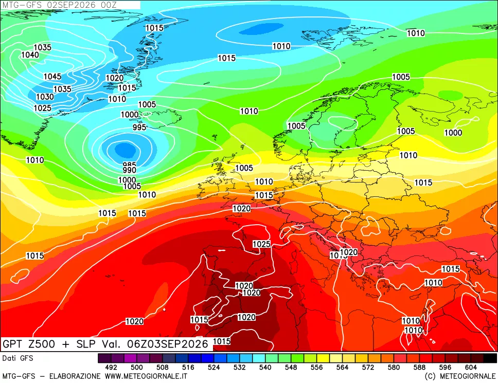mappa GFS: Geopotenziale a 500 hPa + Pressione sul livello del mare