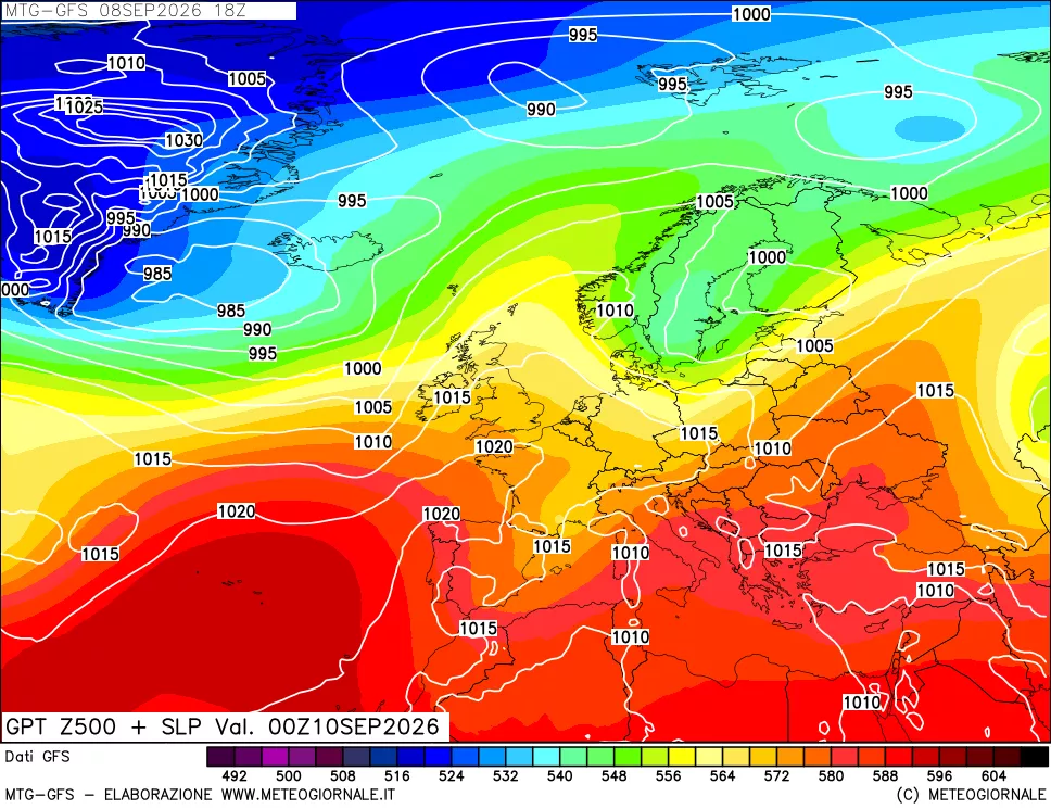 mappa GFS: Geopotenziale a 500 hPa + Pressione sul livello del mare