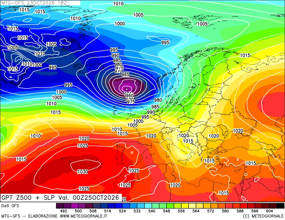 mappa GFS: Geopotenziale a 500 hPa + Pressione sul livello del mare