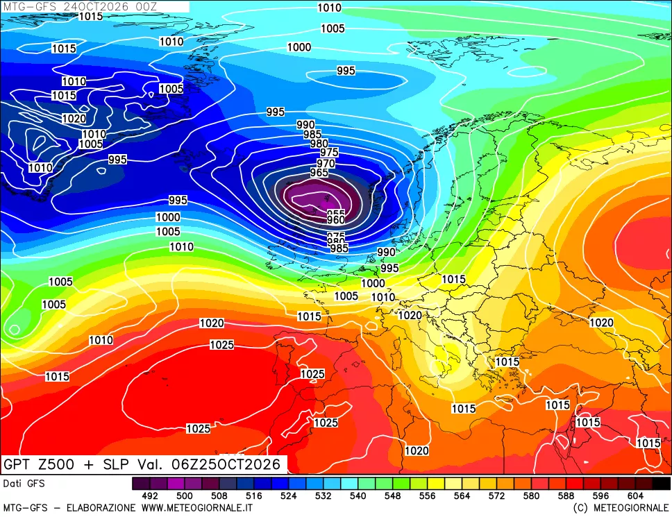 mappa GFS: Geopotenziale a 500 hPa + Pressione sul livello del mare