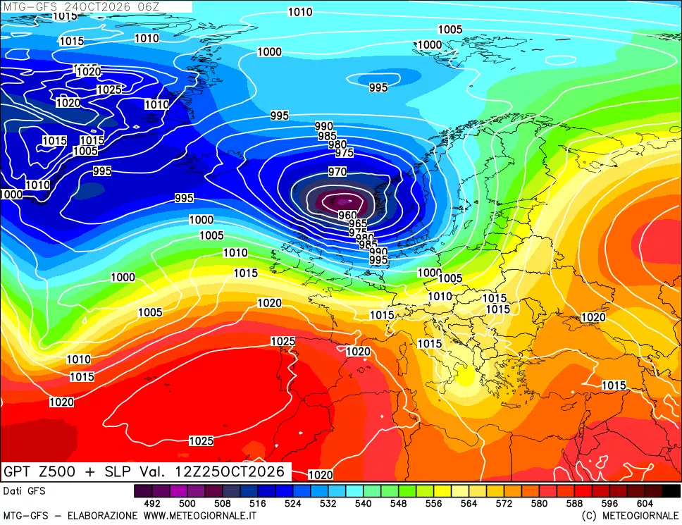 mappa GFS: Geopotenziale a 500 hPa + Pressione sul livello del mare