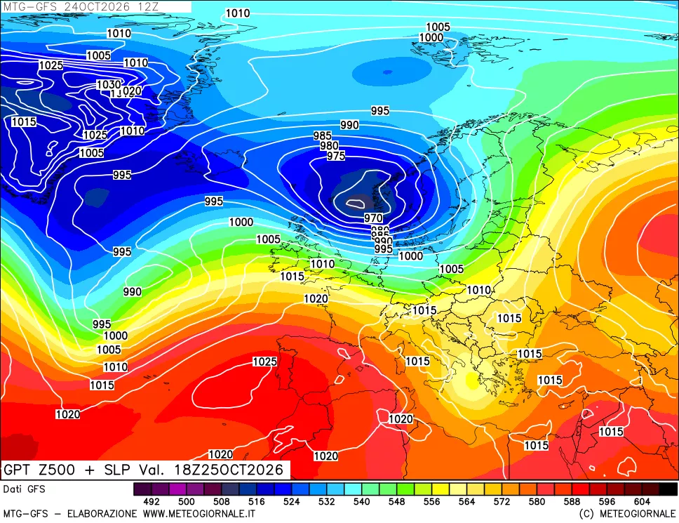 mappa GFS: Geopotenziale a 500 hPa + Pressione sul livello del mare