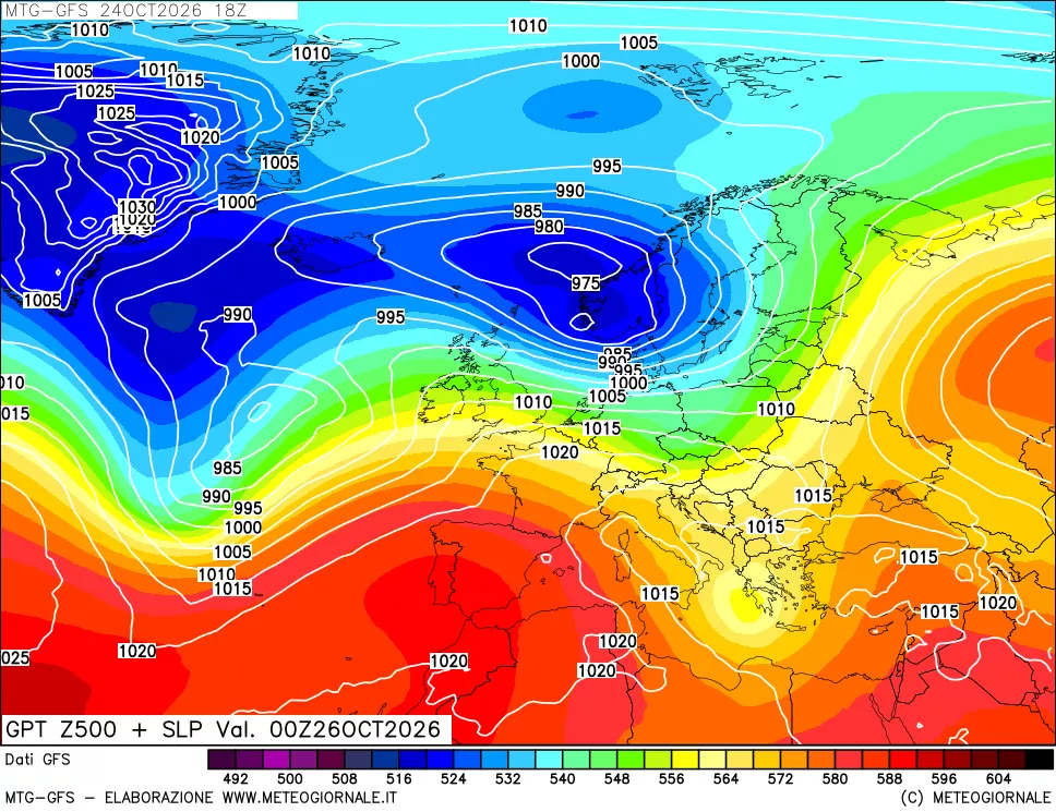 mappa GFS: Geopotenziale a 500 hPa + Pressione sul livello del mare
