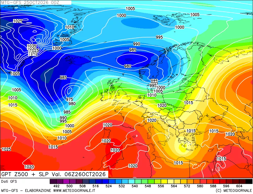 mappa GFS: Geopotenziale a 500 hPa + Pressione sul livello del mare