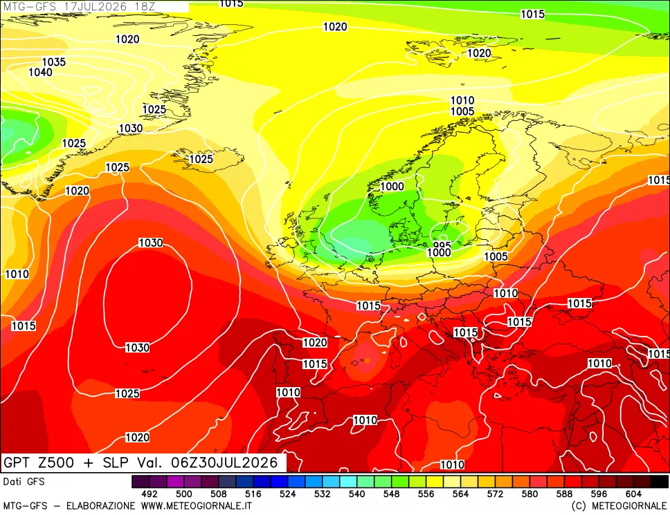 mappa GFS: Geopotenziale a 500 hPa + Pressione sul livello del mare