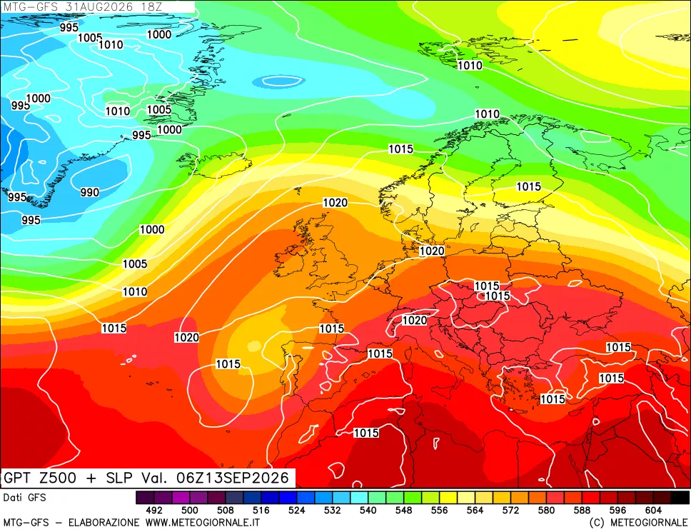 mappa GFS: Geopotenziale a 500 hPa + Pressione sul livello del mare