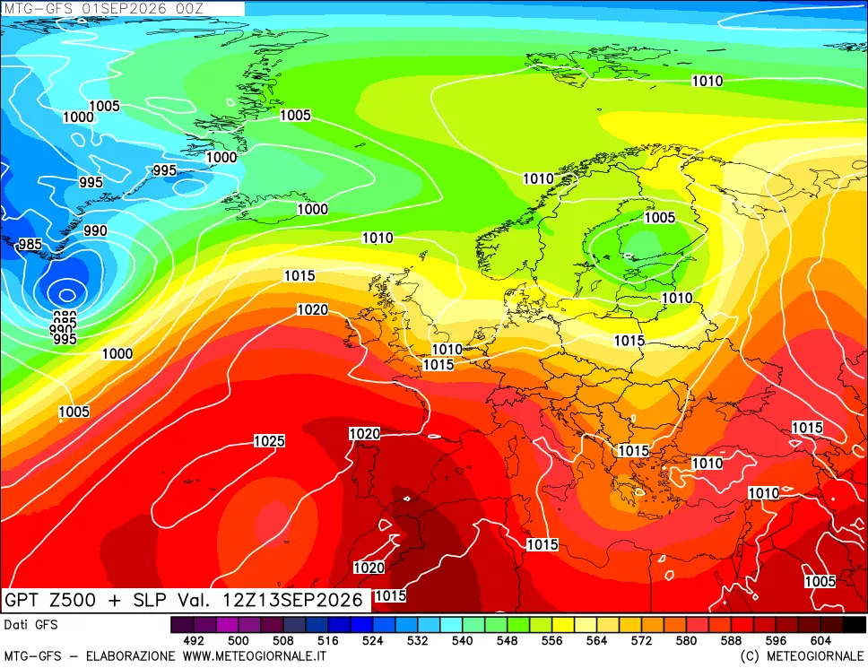 mappa GFS: Geopotenziale a 500 hPa + Pressione sul livello del mare