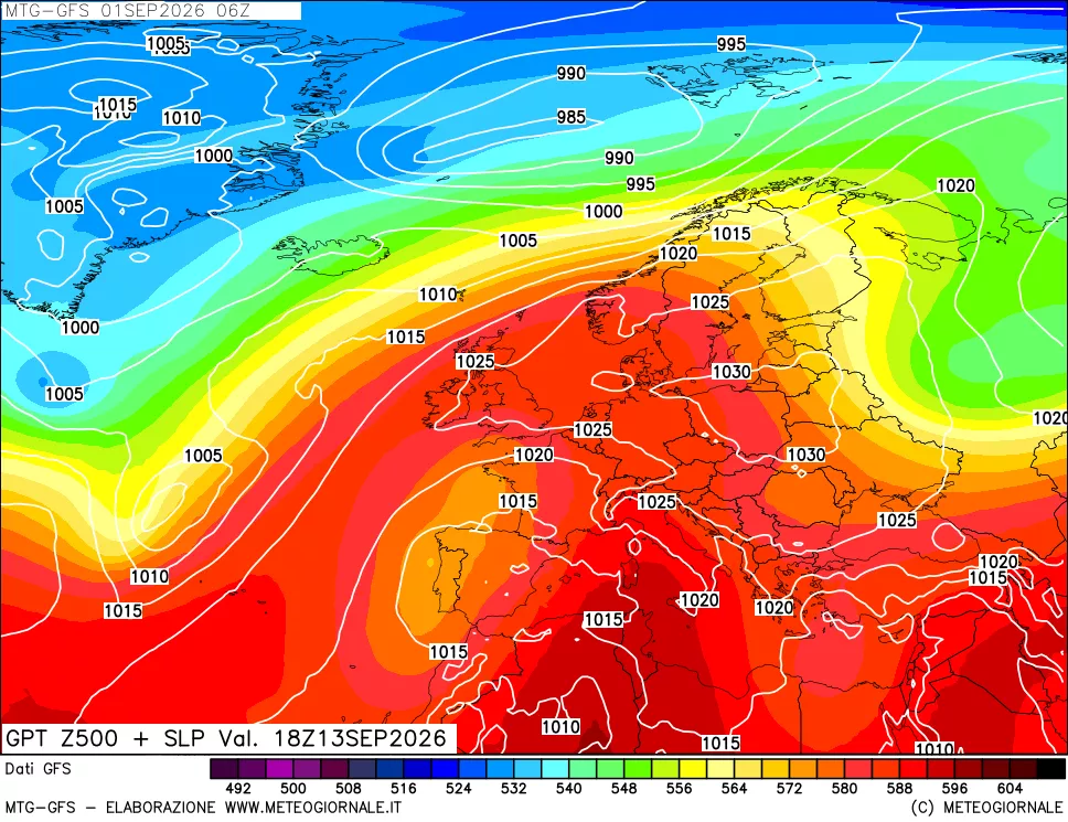 mappa GFS: Geopotenziale a 500 hPa + Pressione sul livello del mare