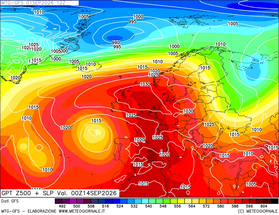 mappa GFS: Geopotenziale a 500 hPa + Pressione sul livello del mare