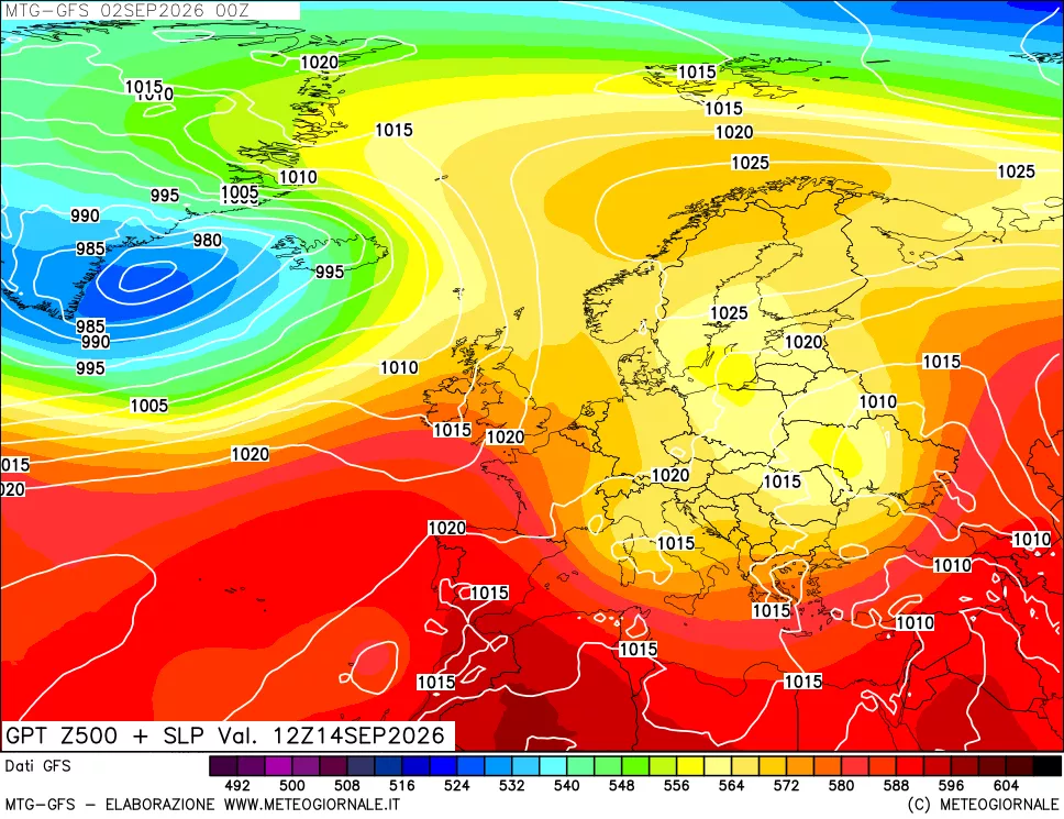 mappa GFS: Geopotenziale a 500 hPa + Pressione sul livello del mare