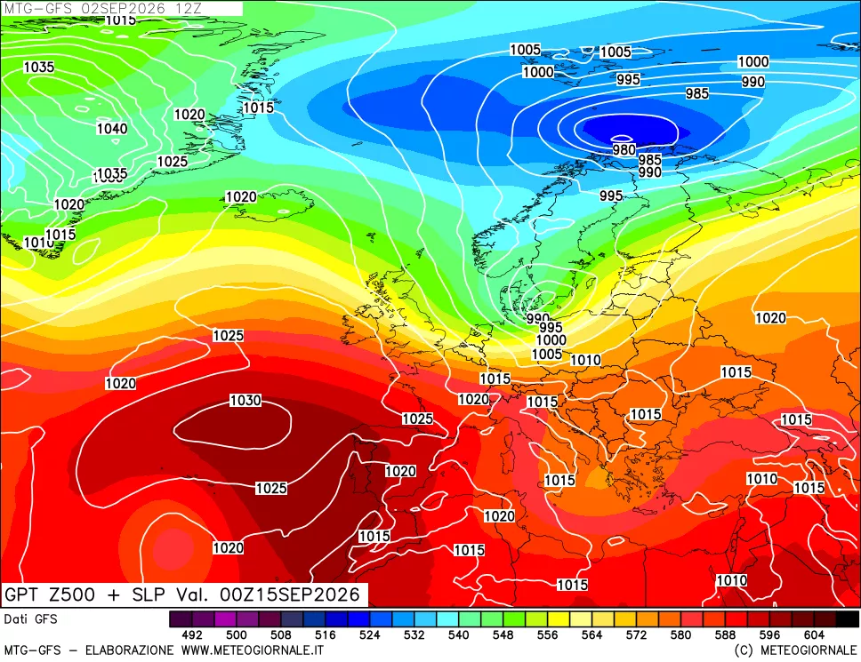 mappa GFS: Geopotenziale a 500 hPa + Pressione sul livello del mare