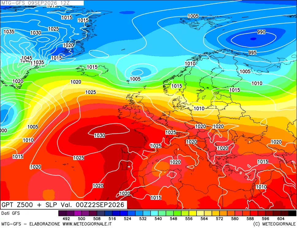 mappa GFS: Geopotenziale a 500 hPa + Pressione sul livello del mare