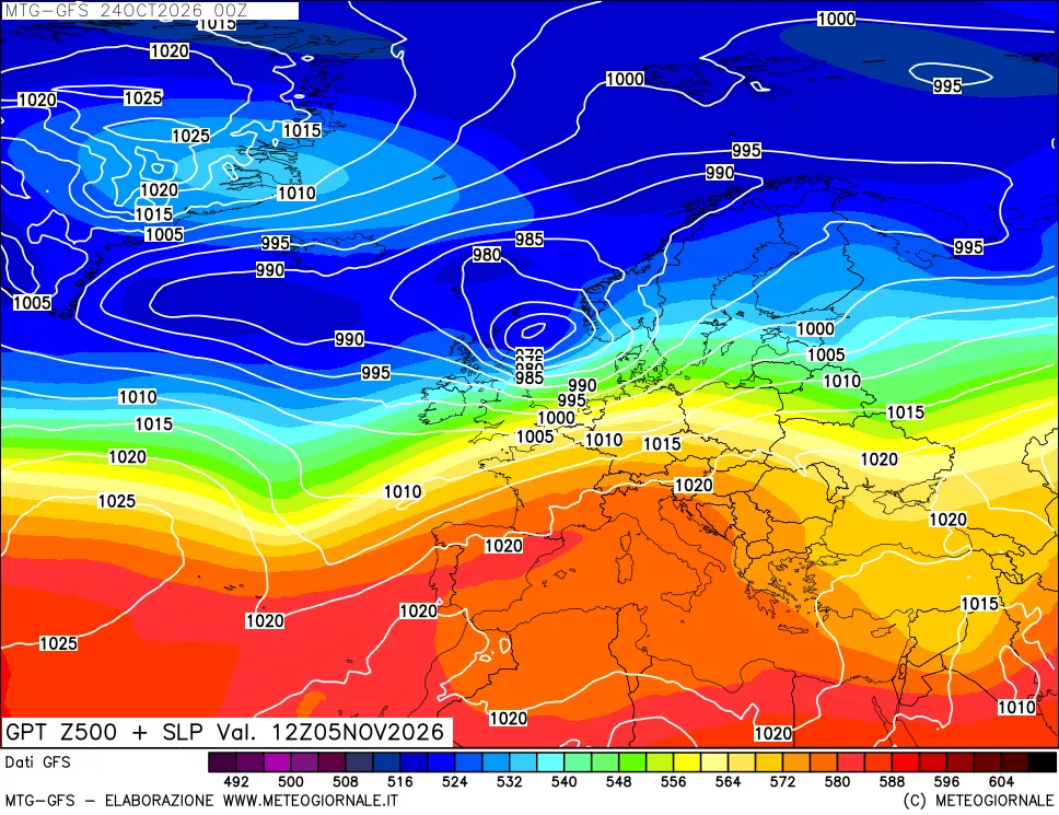 mappa GFS: Geopotenziale a 500 hPa + Pressione sul livello del mare