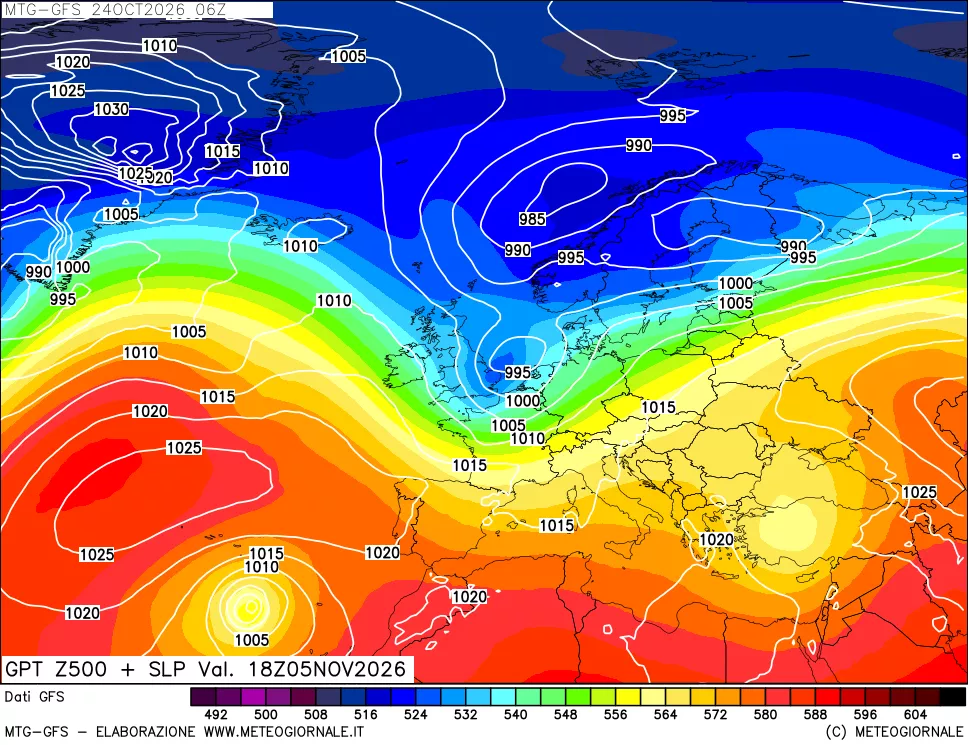 mappa GFS: Geopotenziale a 500 hPa + Pressione sul livello del mare