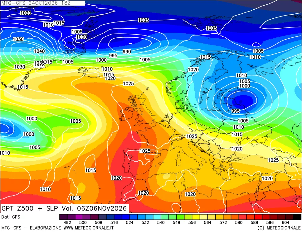 mappa GFS: Geopotenziale a 500 hPa + Pressione sul livello del mare