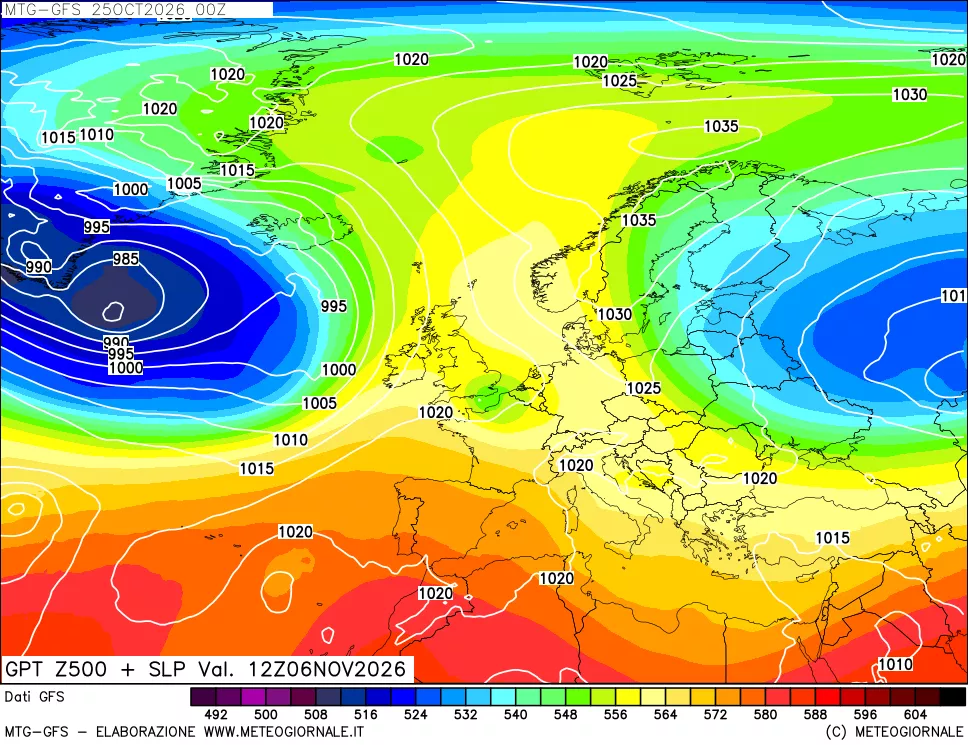 mappa GFS: Geopotenziale a 500 hPa + Pressione sul livello del mare