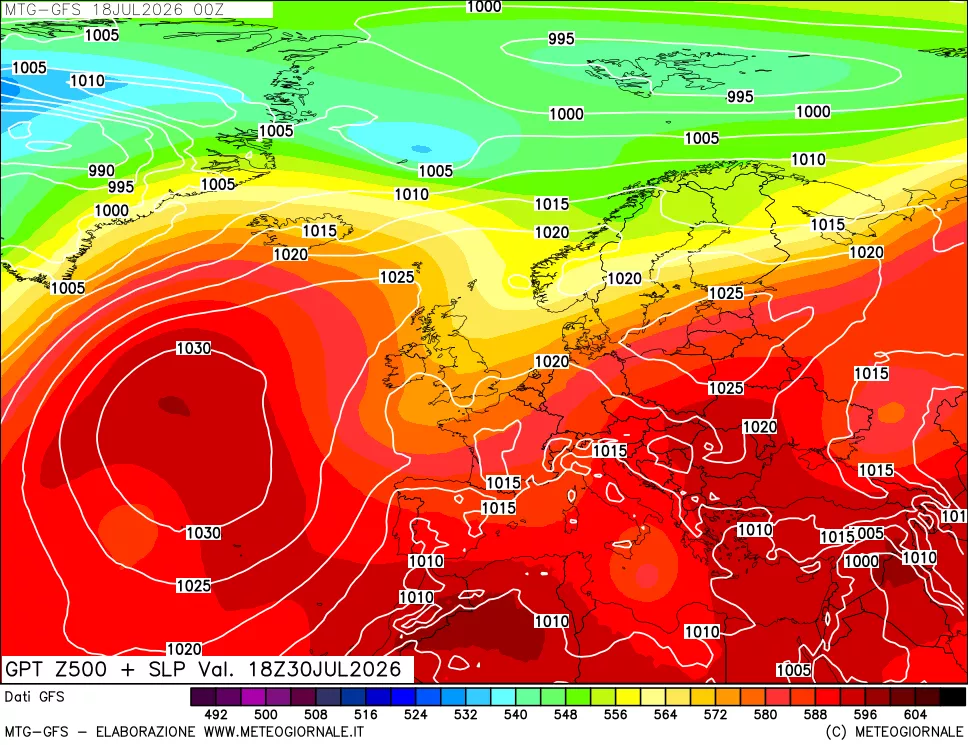 mappa GFS: Geopotenziale a 500 hPa + Pressione sul livello del mare