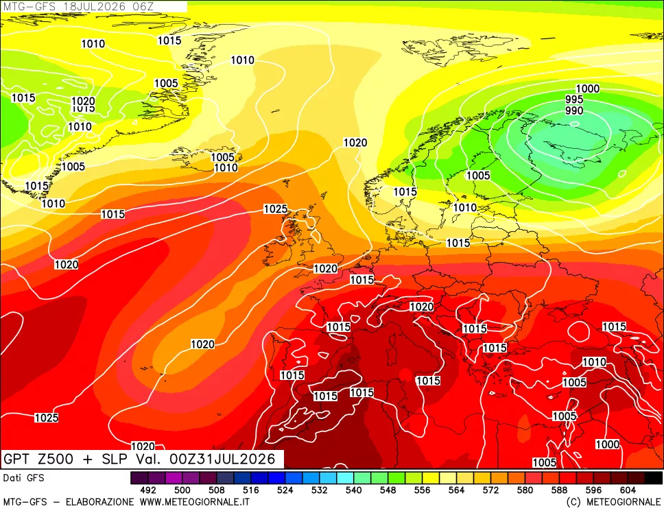 mappa GFS: Geopotenziale a 500 hPa + Pressione sul livello del mare