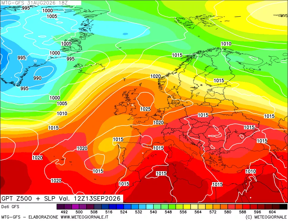 mappa GFS: Geopotenziale a 500 hPa + Pressione sul livello del mare