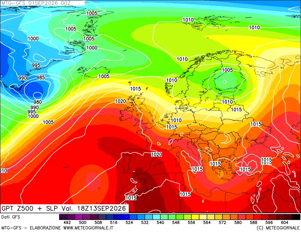 mappa GFS: Geopotenziale a 500 hPa + Pressione sul livello del mare