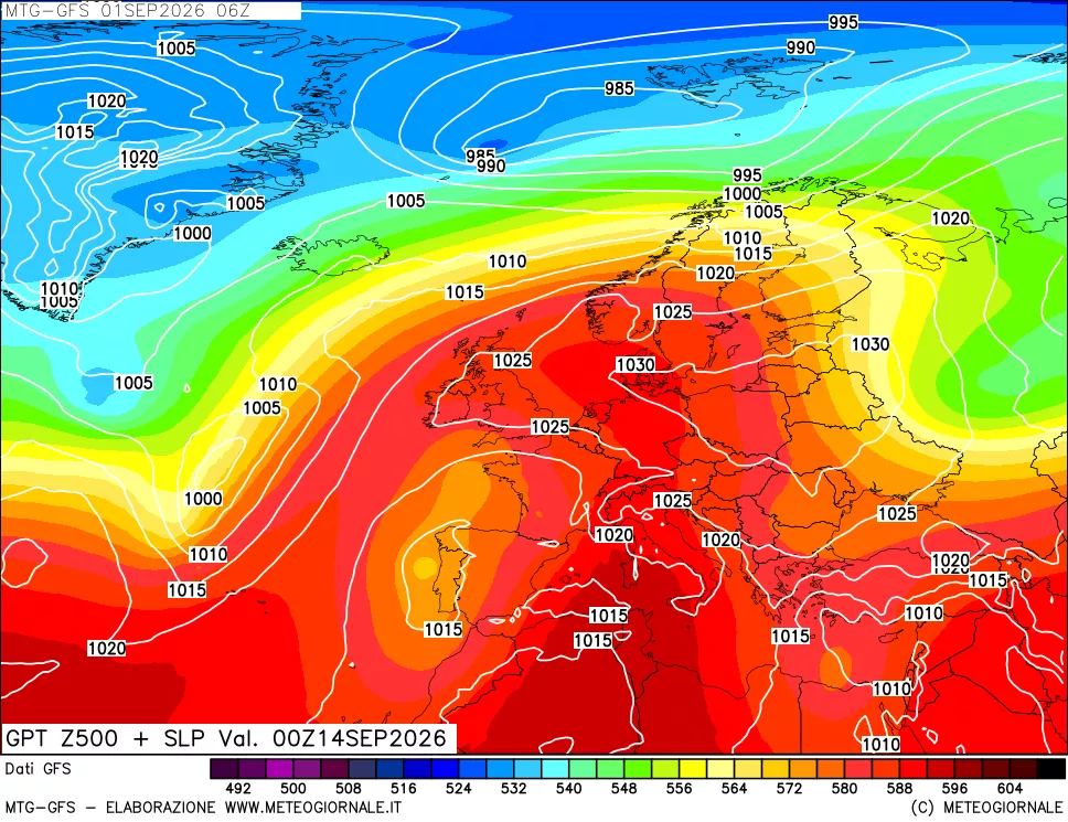 mappa GFS: Geopotenziale a 500 hPa + Pressione sul livello del mare