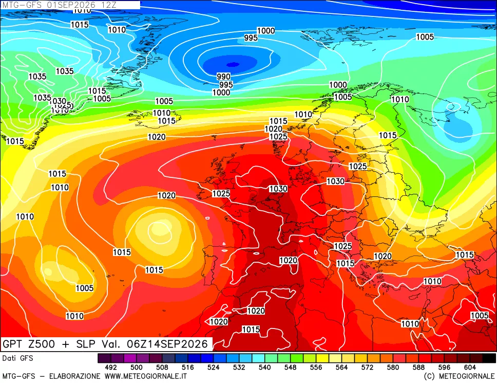 mappa GFS: Geopotenziale a 500 hPa + Pressione sul livello del mare