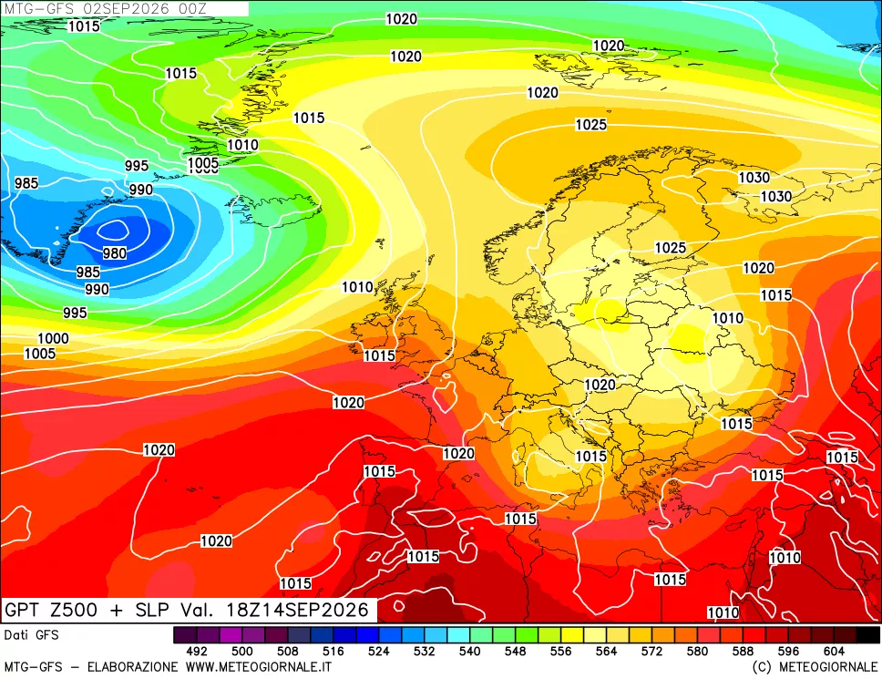 mappa GFS: Geopotenziale a 500 hPa + Pressione sul livello del mare