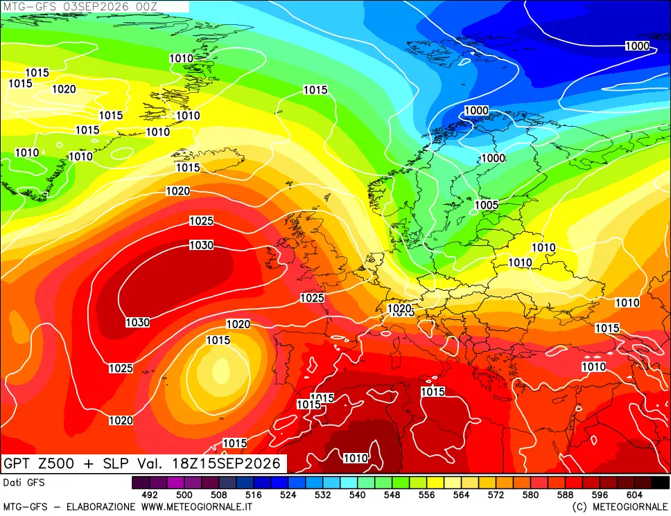 mappa GFS: Geopotenziale a 500 hPa + Pressione sul livello del mare