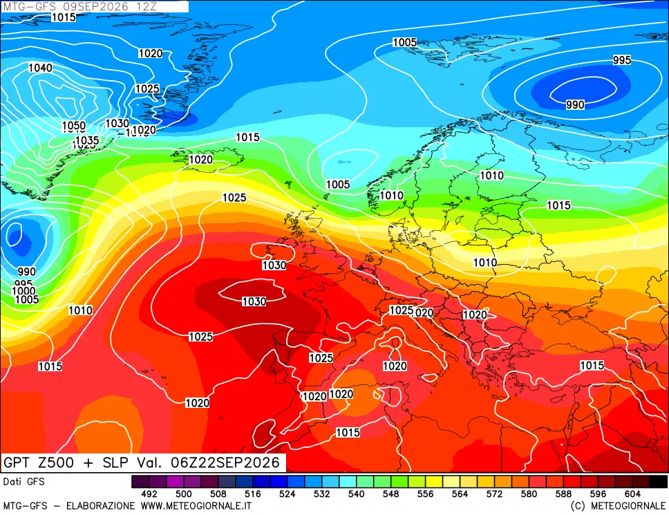 mappa GFS: Geopotenziale a 500 hPa + Pressione sul livello del mare