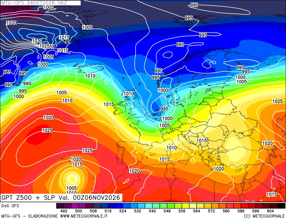 mappa GFS: Geopotenziale a 500 hPa + Pressione sul livello del mare