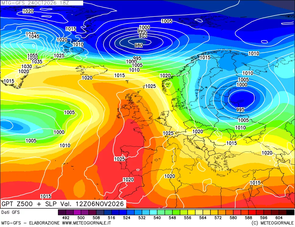 mappa GFS: Geopotenziale a 500 hPa + Pressione sul livello del mare