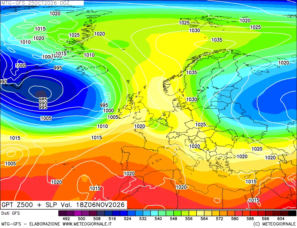 mappa GFS: Geopotenziale a 500 hPa + Pressione sul livello del mare