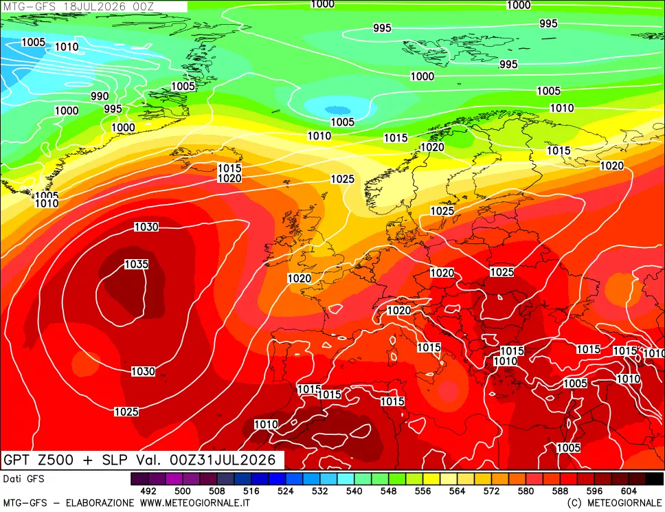 mappa GFS: Geopotenziale a 500 hPa + Pressione sul livello del mare
