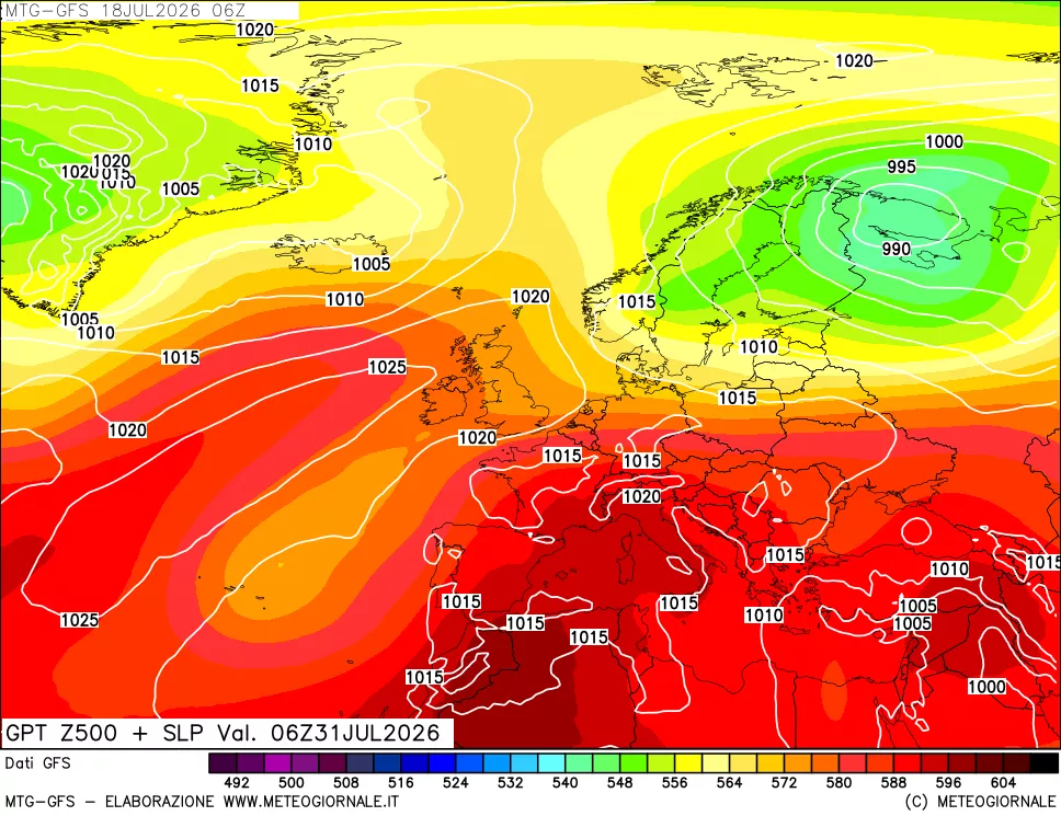 mappa GFS: Geopotenziale a 500 hPa + Pressione sul livello del mare