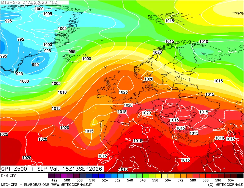 mappa GFS: Geopotenziale a 500 hPa + Pressione sul livello del mare