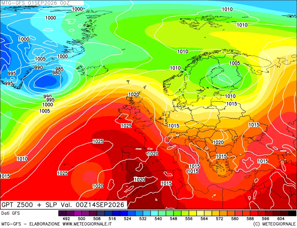 mappa GFS: Geopotenziale a 500 hPa + Pressione sul livello del mare