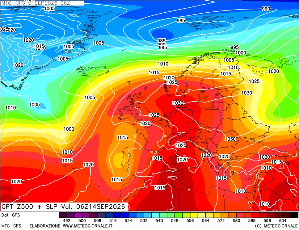 mappa GFS: Geopotenziale a 500 hPa + Pressione sul livello del mare