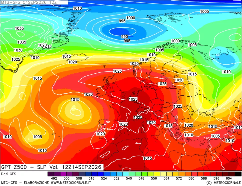 mappa GFS: Geopotenziale a 500 hPa + Pressione sul livello del mare