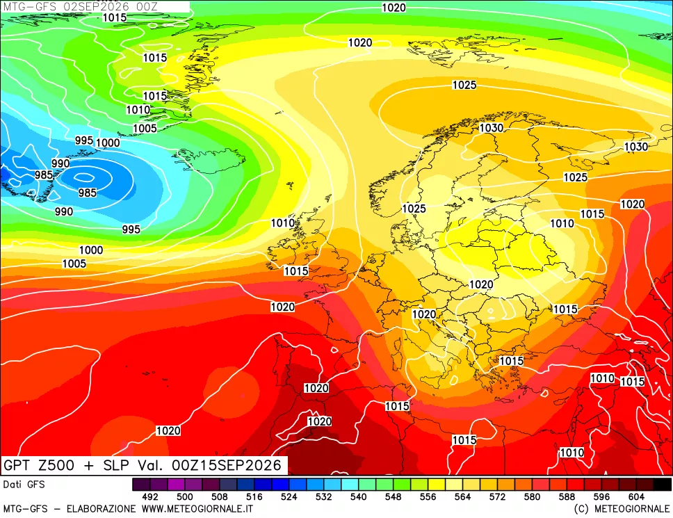 mappa GFS: Geopotenziale a 500 hPa + Pressione sul livello del mare