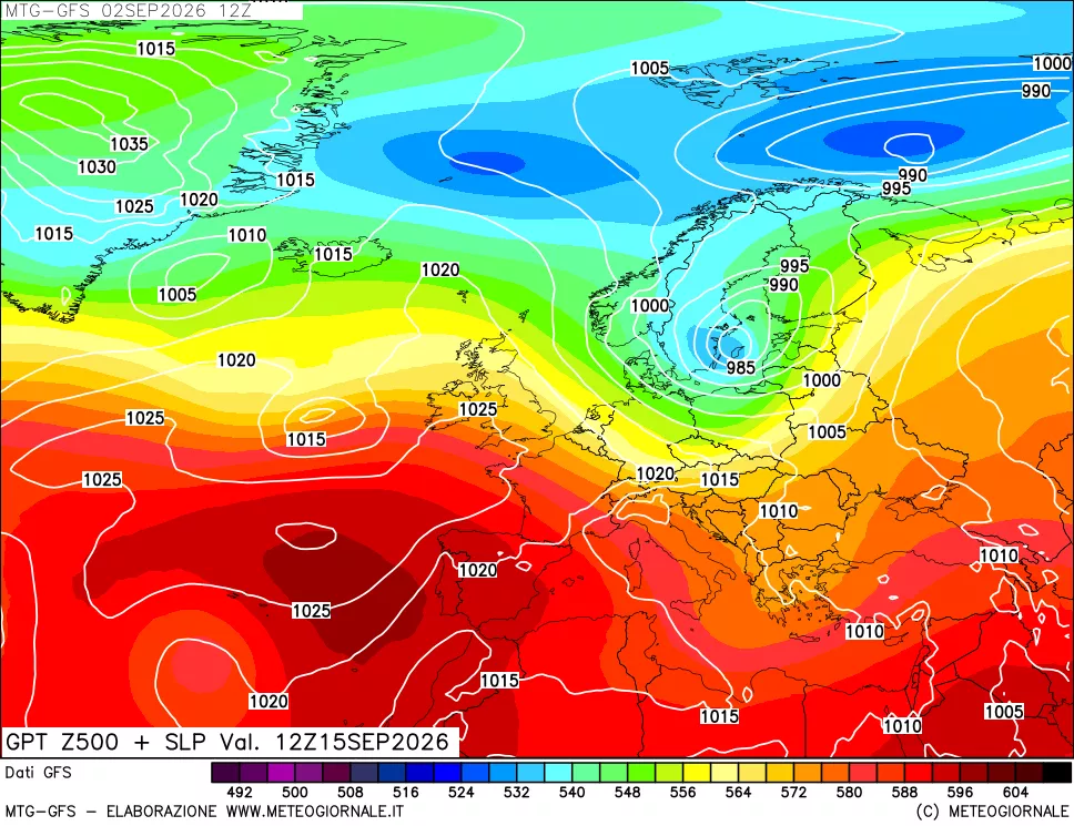 mappa GFS: Geopotenziale a 500 hPa + Pressione sul livello del mare