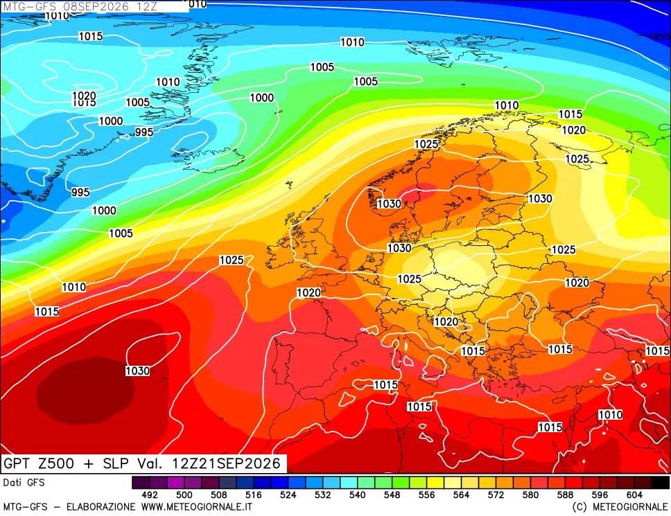 mappa GFS: Geopotenziale a 500 hPa + Pressione sul livello del mare