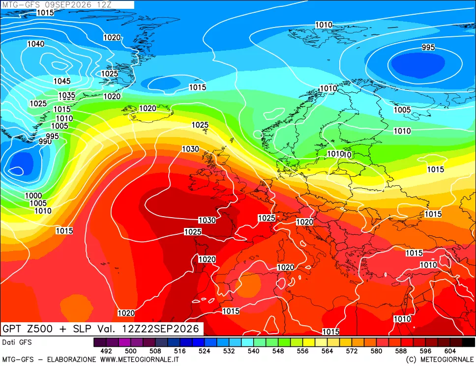 mappa GFS: Geopotenziale a 500 hPa + Pressione sul livello del mare