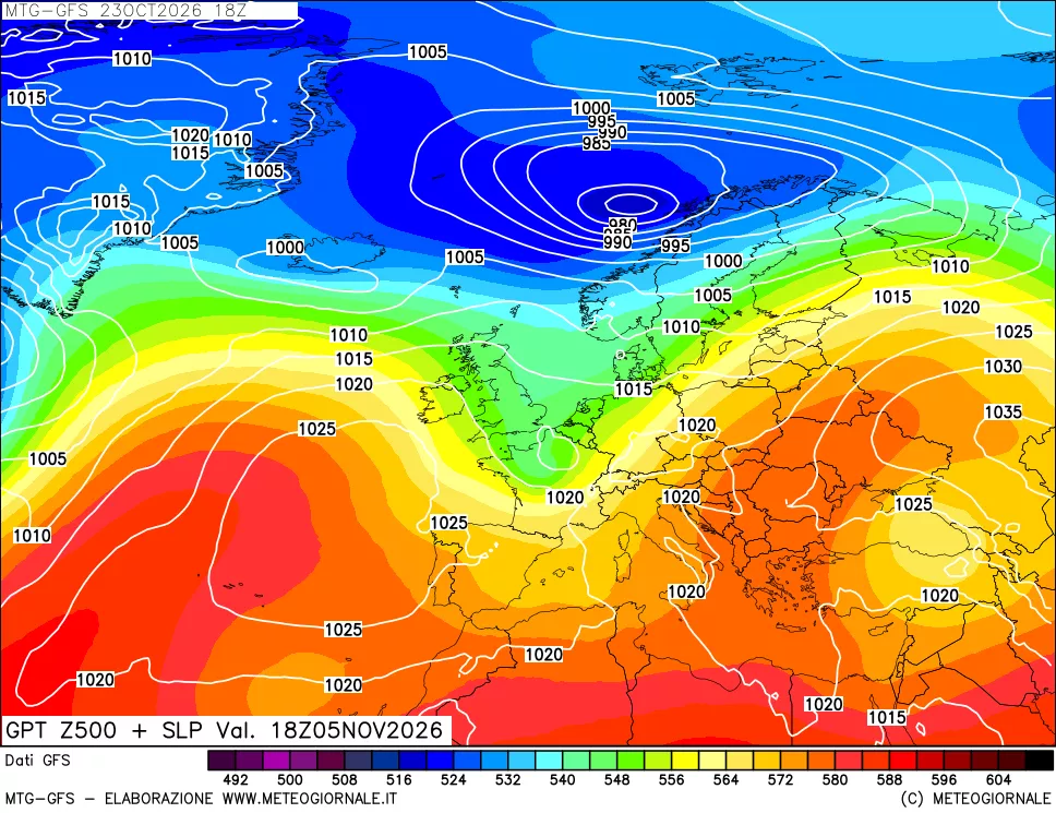 mappa GFS: Geopotenziale a 500 hPa + Pressione sul livello del mare