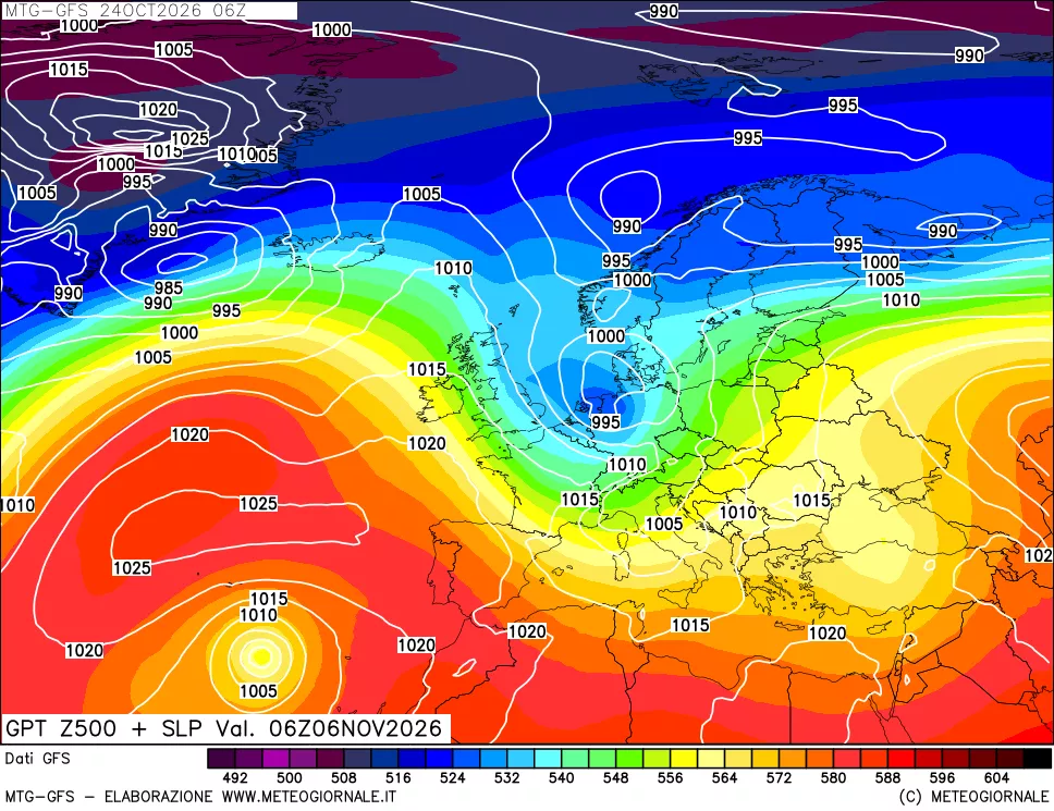 mappa GFS: Geopotenziale a 500 hPa + Pressione sul livello del mare
