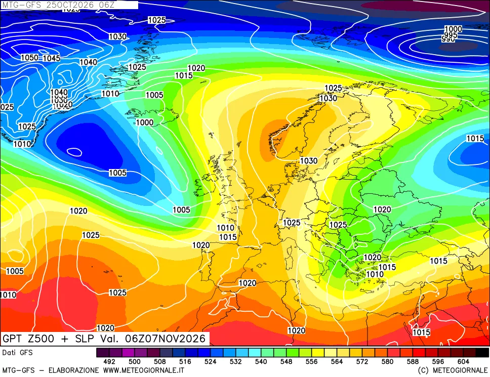 mappa GFS: Geopotenziale a 500 hPa + Pressione sul livello del mare