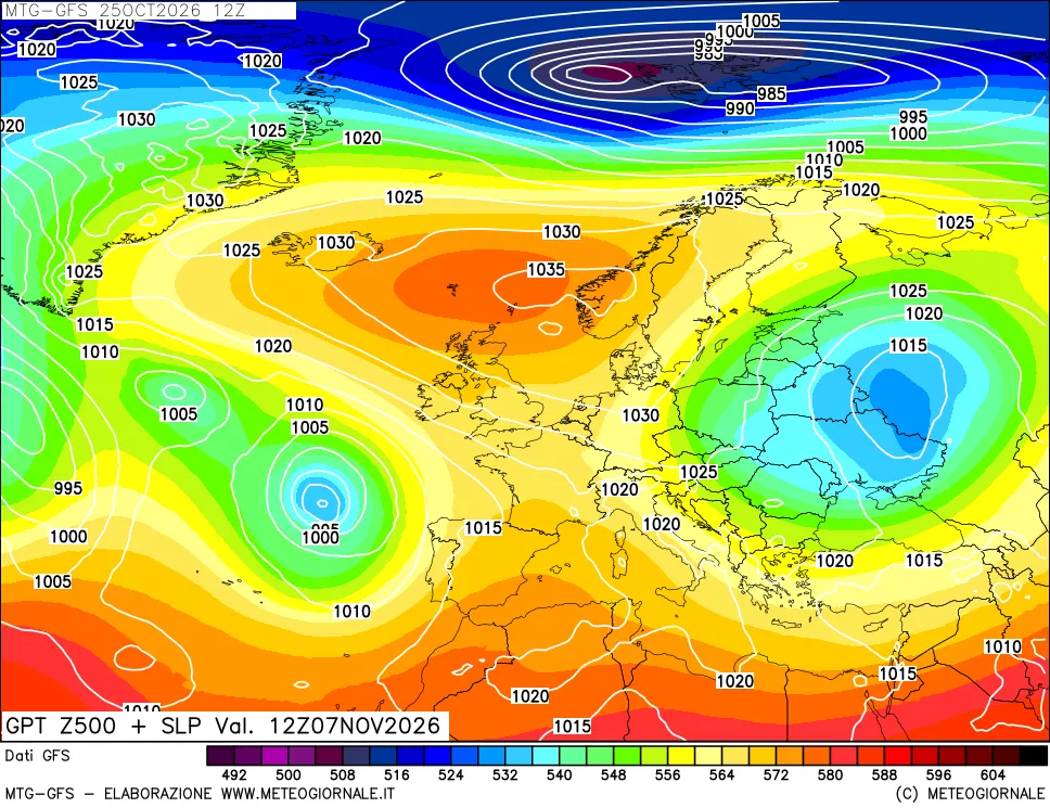 mappa GFS: Geopotenziale a 500 hPa + Pressione sul livello del mare