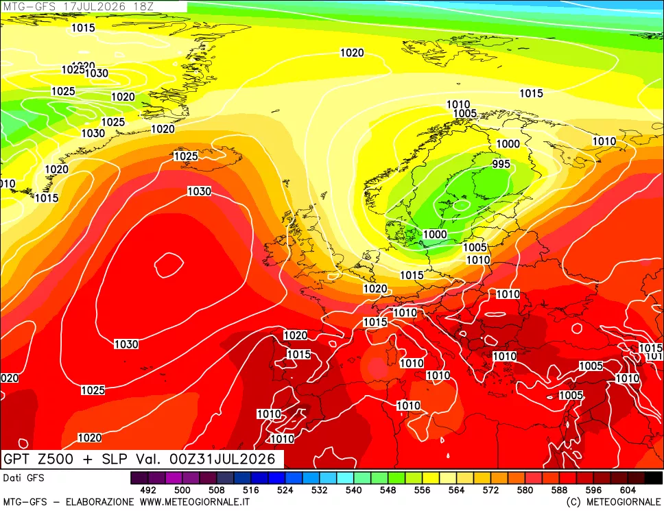 mappa GFS: Geopotenziale a 500 hPa + Pressione sul livello del mare
